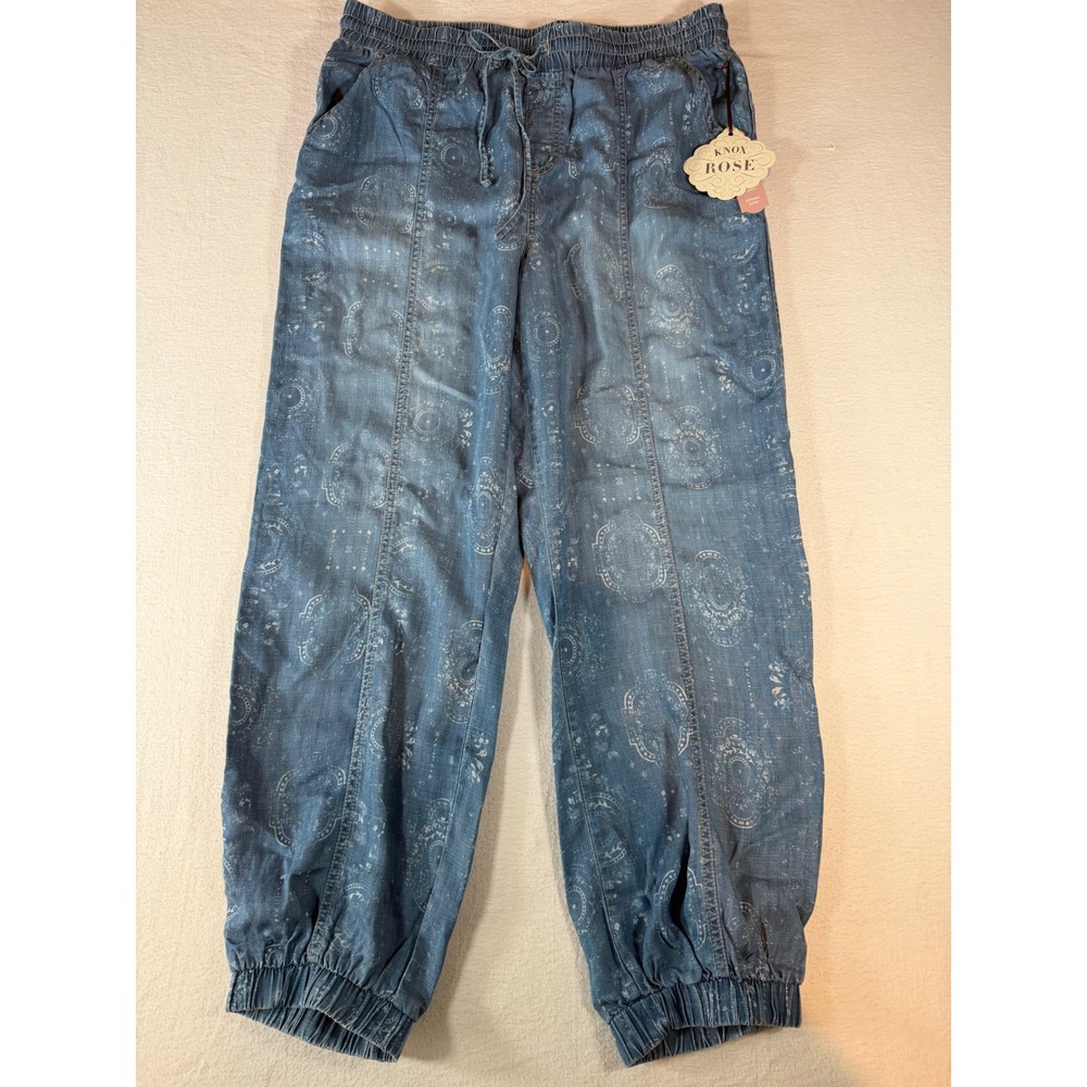 Knox Rose Blue Paisley Chambray Joggers Elastic Waist Boho Pants Large NEW